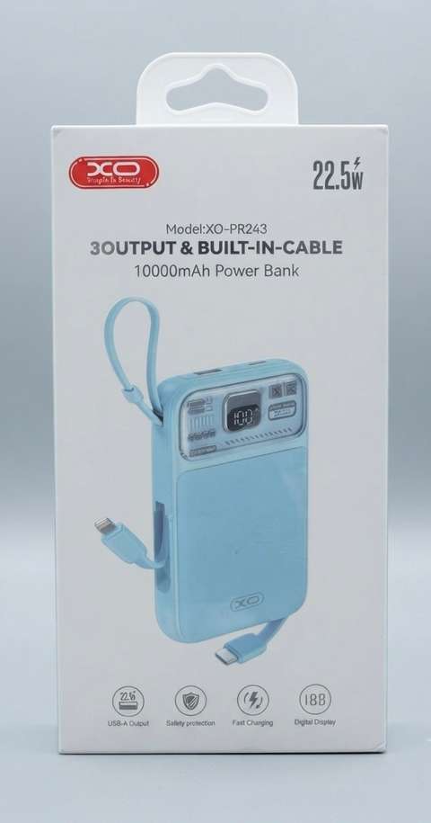 XO-PR243 10000mAh Ultra-Fast Portable Power Bank with Built-in Cables