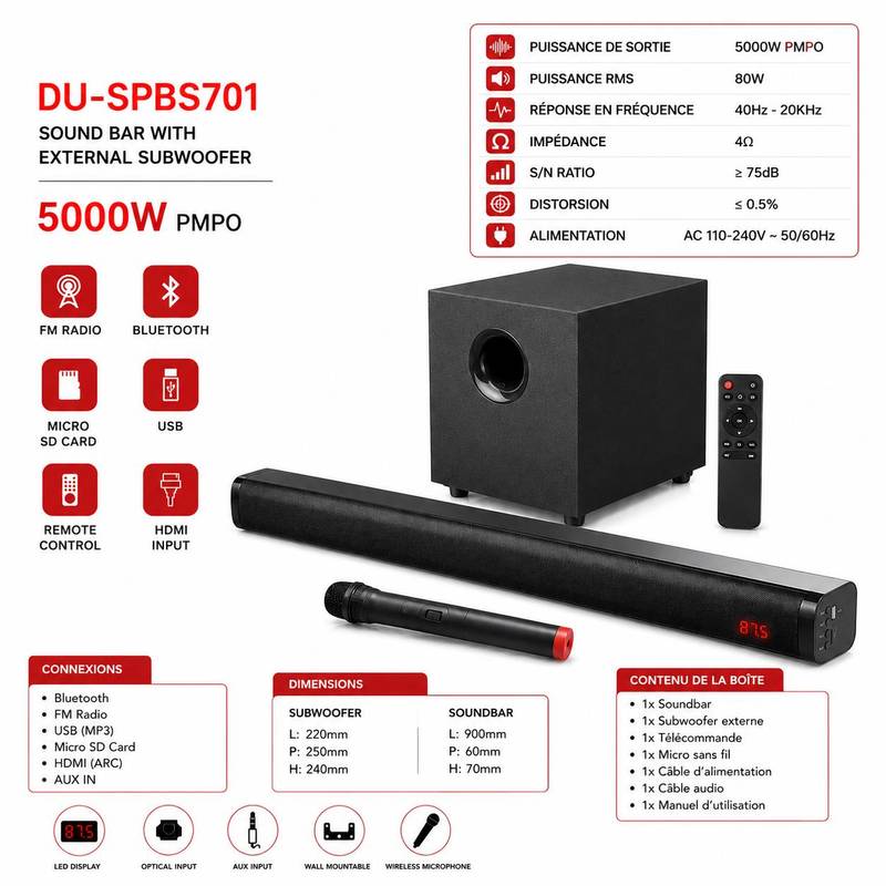 BARRE DE SON DUNTH DU -SPBS701 5000W PMPO